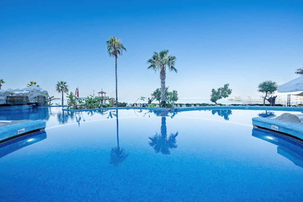 Pool water, palms and the sea on the horizon.